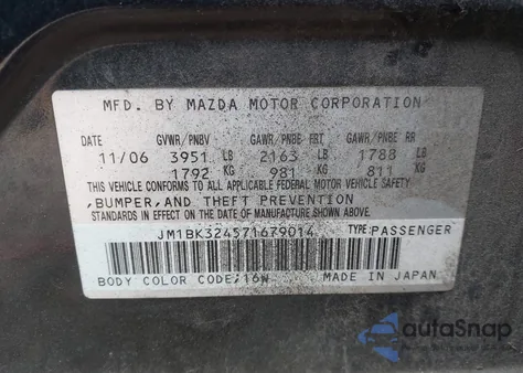 2007 Mazda Mazda3 S Touring from USA, damaged, VIN JM1BK324571679014